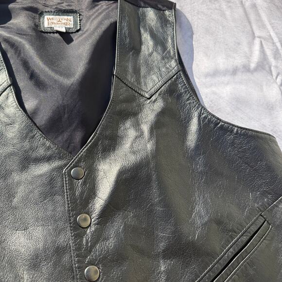 Men's Vintage 90's Western Frontier Black Leather Waistcoat Vest Jacket Sz Large - Picture 2 of 6